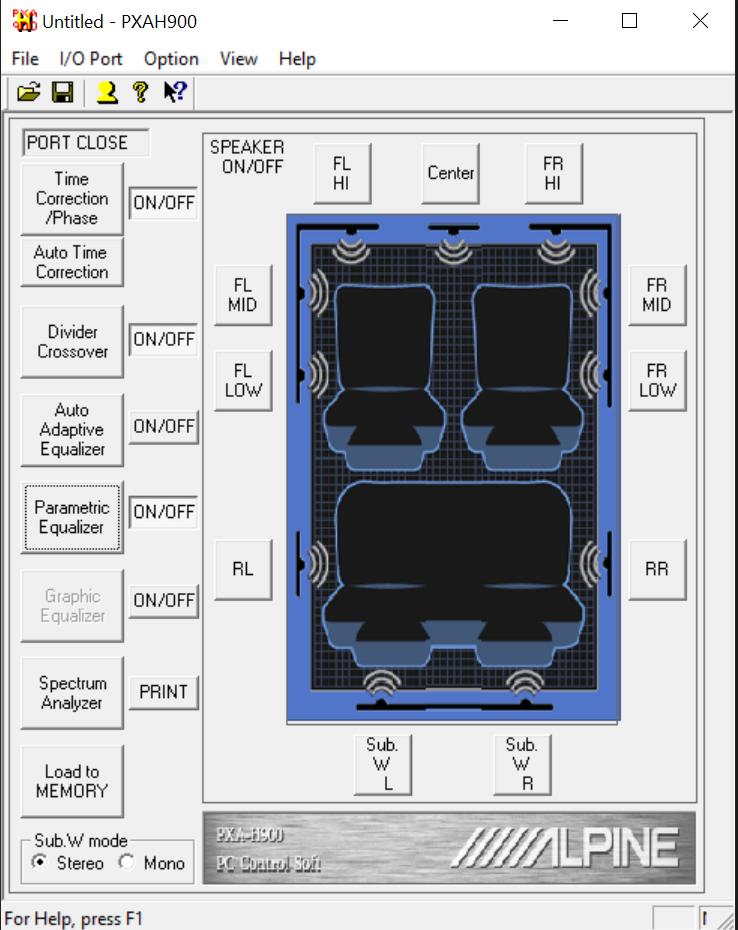 Главное окно программы PXA-H900 PC Control Soft со схемой салона и блоками настройки