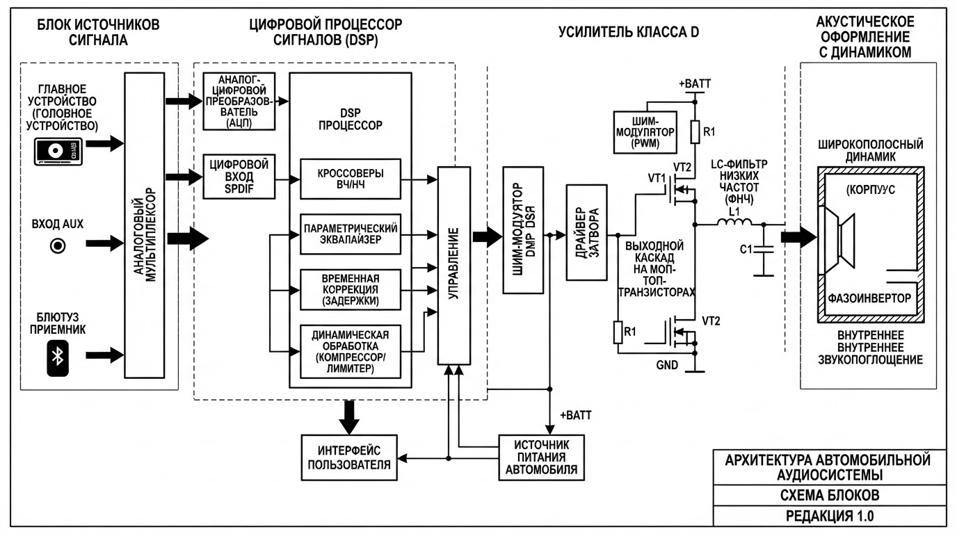 Блок-схема архитектуры автомобильной аудиосистемы: источник сигнала, DSP-процессор с кроссоверами и эквализацией, усилитель класса D с ШИМ-модулятором и LC-фильтром, акустическое оформление с динамиком, стрелки сигнального тракта