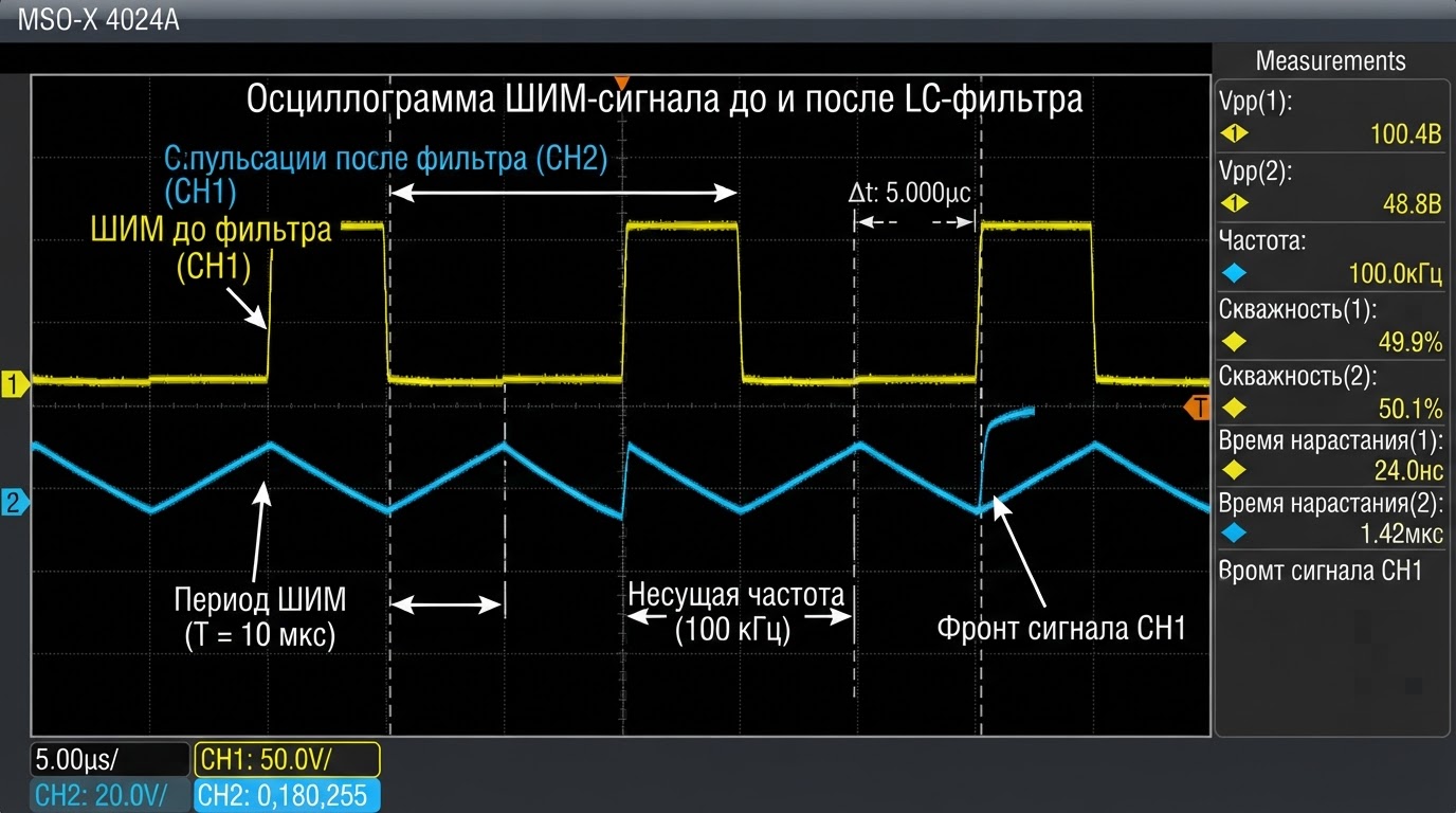 График частотной характеристики акустической системы: кривая АЧХ в закрытом корпусе и фазоинверторном оформлении, отметки резонансной частоты FS, частоты настройки порта, спад 12 дБ/октава, осциллограмма ШИМ-сигнала до и после выходного LC-фильтра