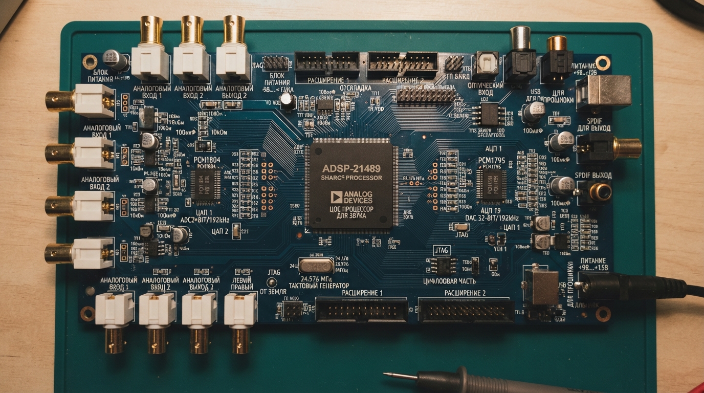 Фотография прототипа DSP-аудиоплаты: DSP-процессор, ADC и DAC микросхемы, разъёмы подключения, измерительные точки, вид сверху