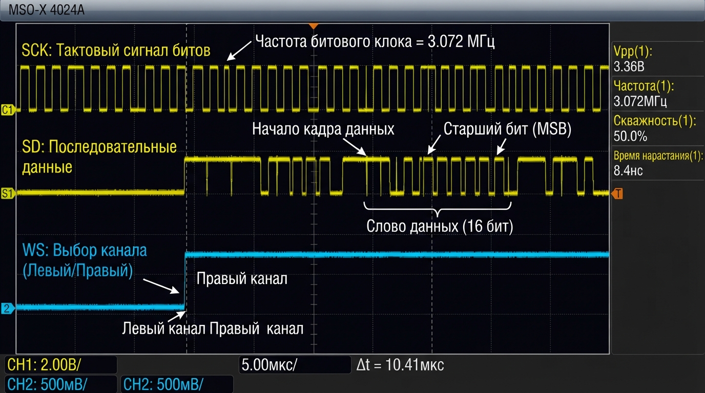 Осциллограмма сигналов I2S: тактовый сигнал SCK, линия данных SD с последовательными битами, сигнал выбора канала WS, отметки временных интервалов
