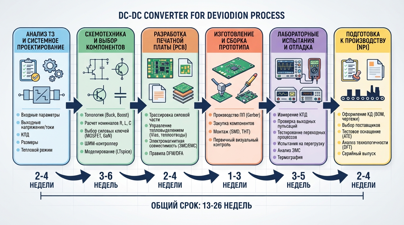 Диаграмма этапов разработки DC-DC преобразователя: шесть последовательных блоков от анализа ТЗ до подготовки к производству, стрелки переходов, указание сроков, вид сверху