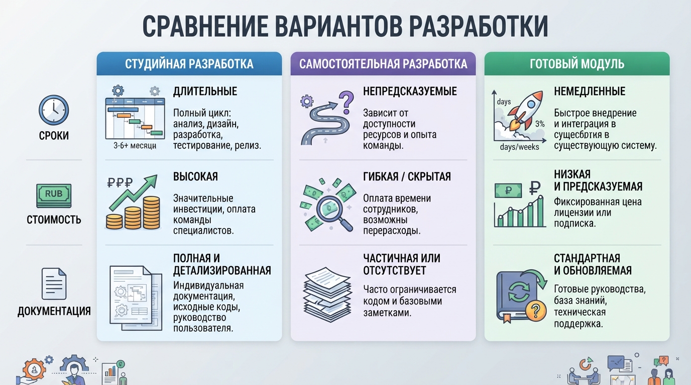 Сравнительная таблица в виде инфографики: три колонки — студийная разработка, самостоятельная разработка, готовый модуль; критерии сравнения по срокам, стоимости, документации; цветовое выделение преимуществ, вид сверху