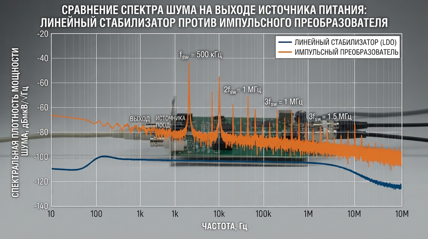 График сравнения спектра шума на выходе источника питания: линейный стабилизатор (низкий уровень шума, плоская характеристика) против импульсного преобразователя (выраженные пики на частоте коммутации и гармониках)