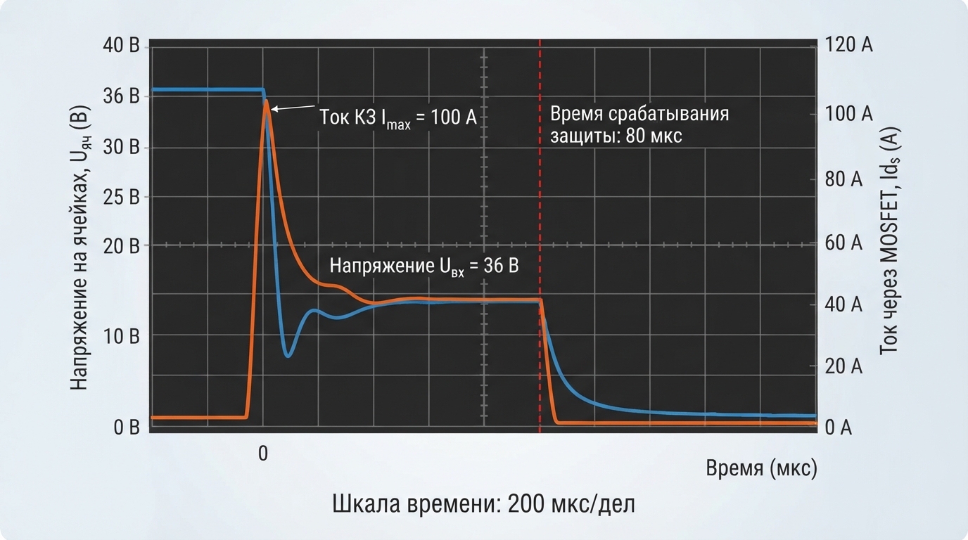 График осциллограммы переходного процесса при коротком замыкании: ток через MOSFET-ключ, напряжение на ячейках, время срабатывания защиты 80 мкс, шкала времени 200 мкс/дел