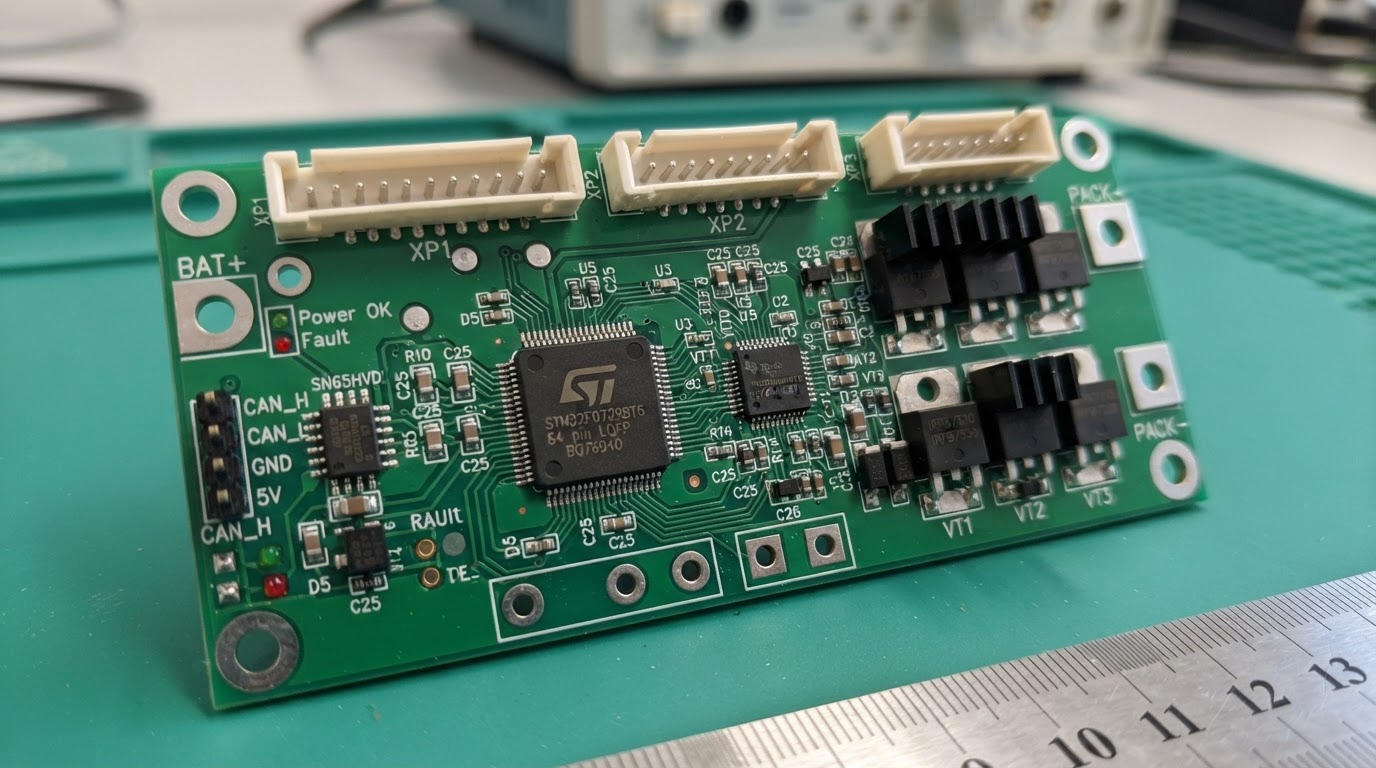 Фотография прототипа BMS: печатная плата с микроконтроллером STM32, AFE-чипом BQ76940, силовыми MOSFET, разъёмами для подключения ячеек и интерфейсом CAN, линейка для масштаба