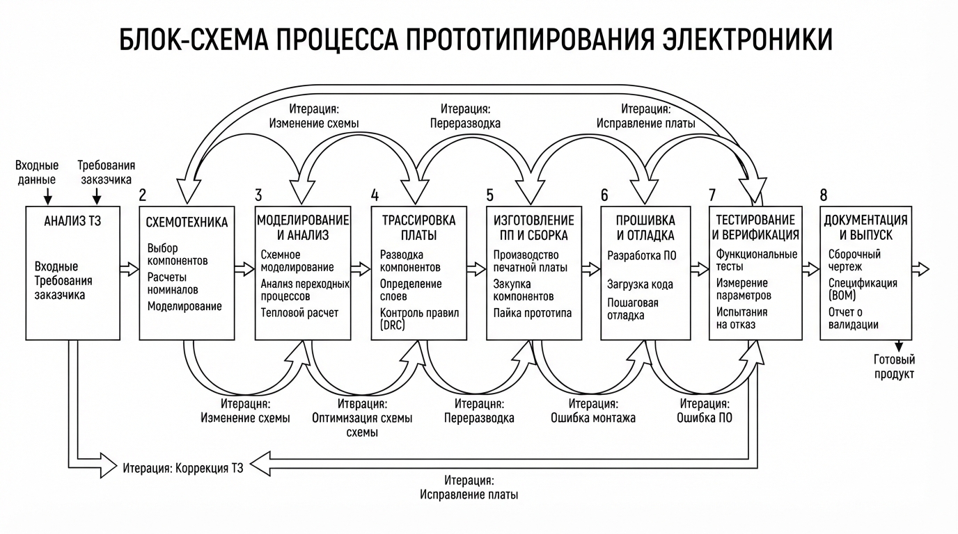 Блок-схема процесса прототипирования: анализ ТЗ, схемотехника, моделирование, трассировка, изготовление, прошивка, тестирование, документация — стрелками показаны итерации