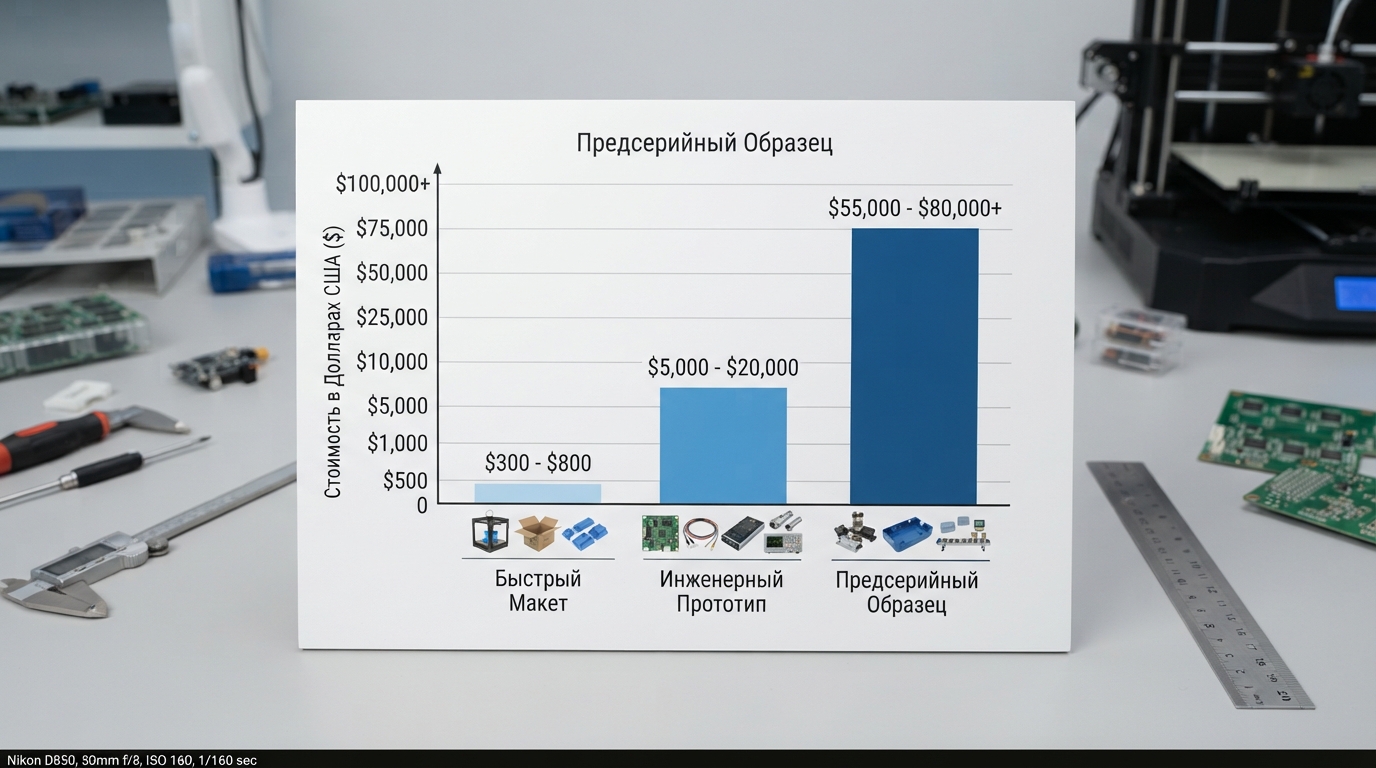 Сравнительная диаграмма стоимости прототипирования: быстрый макет, инженерный прототип, предсерийный образец — столбцы с указанием диапазонов цен в долларах
