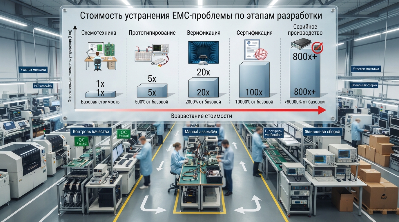 Сравнительная диаграмма «Стоимость устранения EMC-проблемы по этапам разработки»: столбцы от этапа схемотехники до серийного производства, нарастающая высота столбцов, подписи в процентах от базовой стоимости