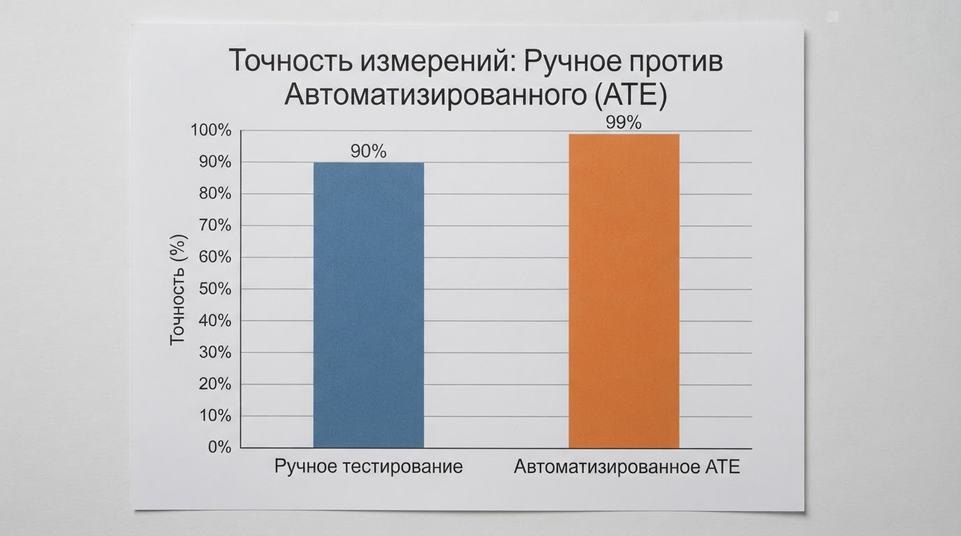 График сравнения точности измерений: ручное тестирование — 90%, автоматизированное ATE — 99%; столбчатая диаграмма с подписями методов