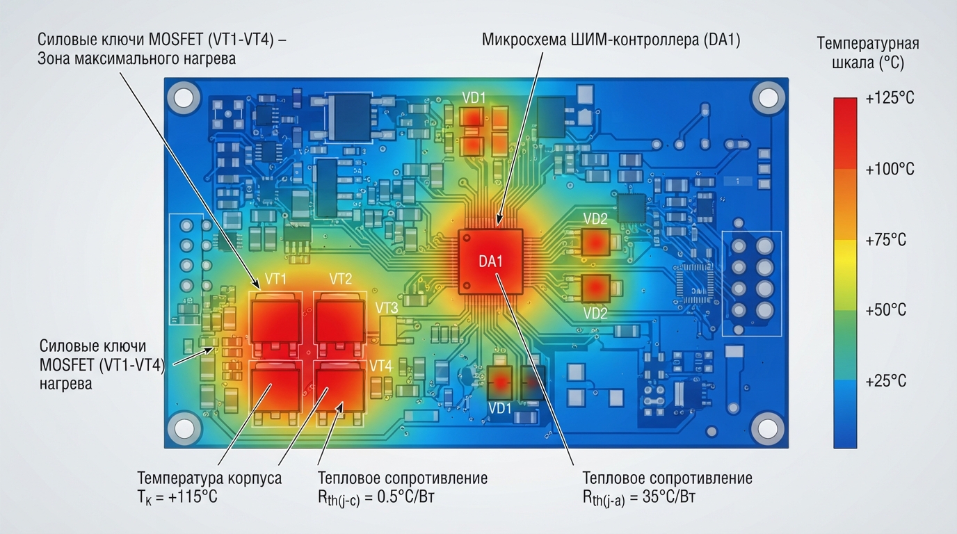 Тепловая карта распределения температуры на печатной плате: зоны нагрева вокруг MOSFET-транзисторов и микросхемы, градиент от синего к красному, вид сверху с указанием тепловых сопротивлений