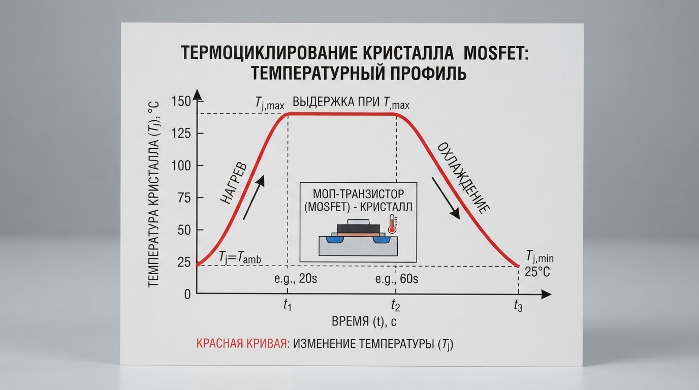 График изменения температуры кристалла MOSFET при термоциклировании: кривая нагрева и охлаждения с указанием температурных экстремумов и времени выдержки