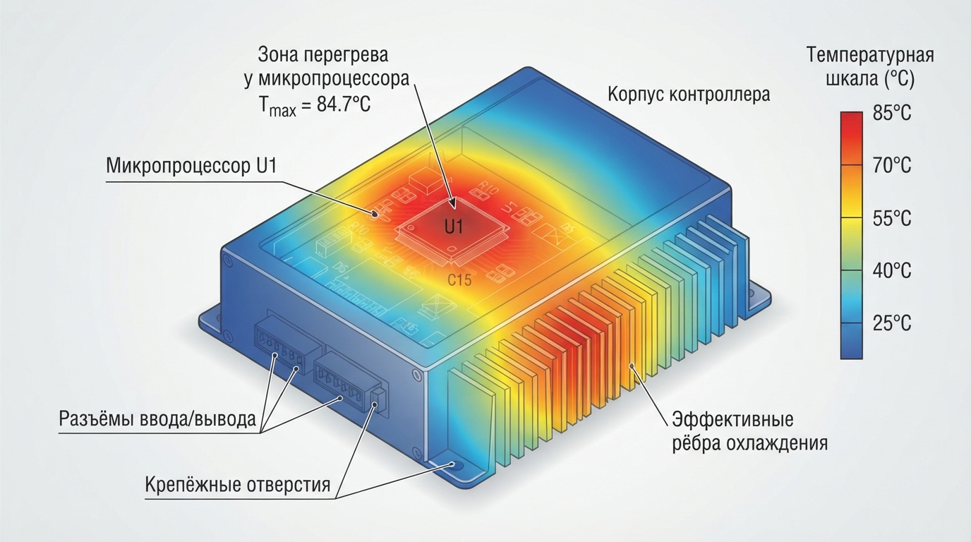 Тепловая карта корпуса контроллера: распределение температур по поверхности, зоны перегрева у микропроцессора, эффективность рёбер охлаждения
