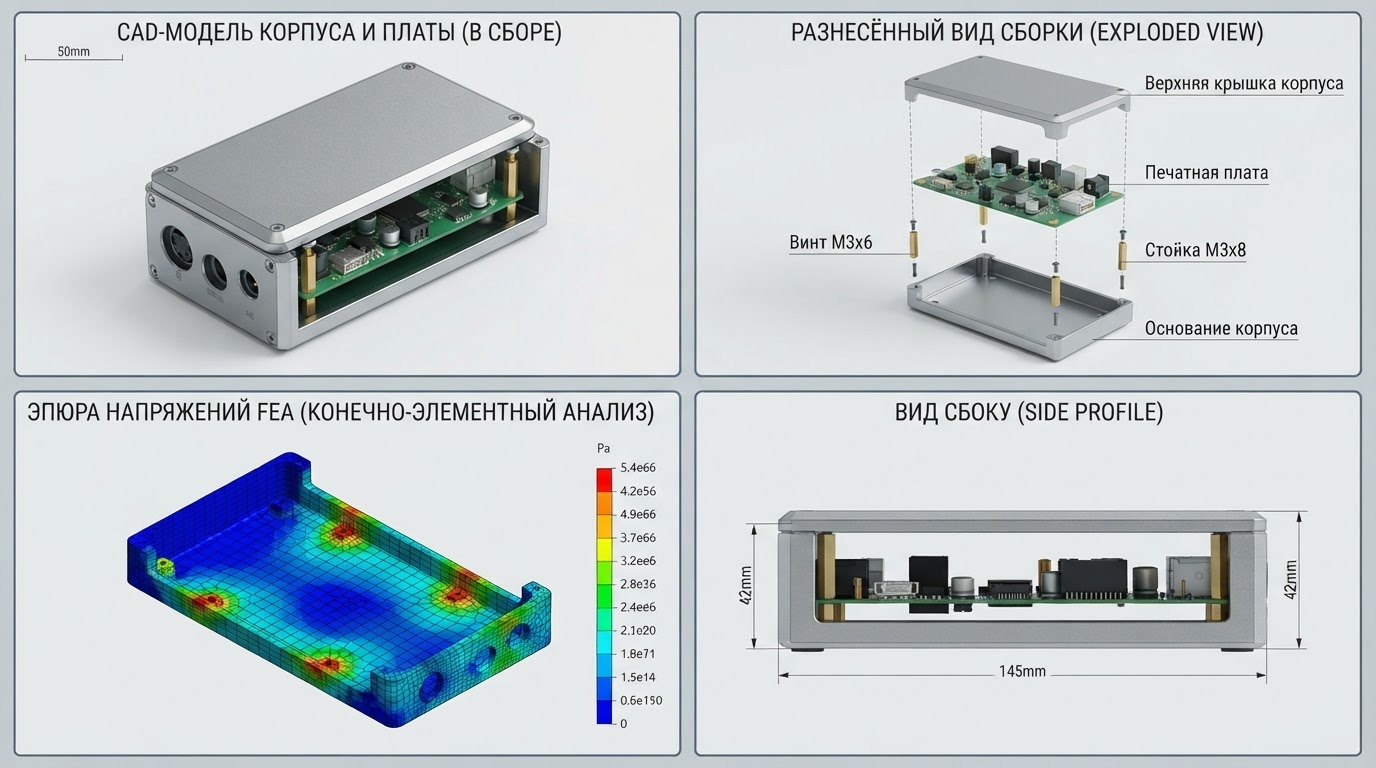 Схема рабочего процесса механического инжиниринга: CAD-модель корпуса с установленной печатной платой, разнесённый вид сборки, эпюра напряжений после конечно-элементного анализа, вид сбоку