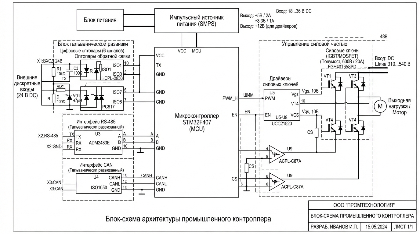 Блок-схема архитектуры промышленного контроллера: микроконтроллер, гальваническая развязка на оптопарах, драйверы силовых ключей, интерфейсы RS-485 и CAN, импульсный источник питания, вид сверху