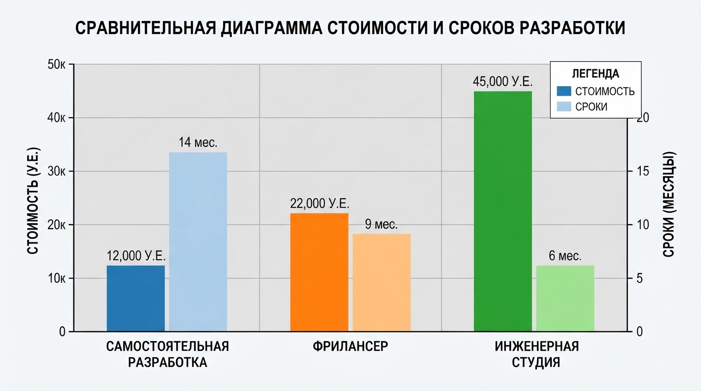 Сравнительная диаграмма стоимости и сроков разработки: самостоятельная разработка, фрилансер, инженерная студия, столбчатый график, цветовая кодировка