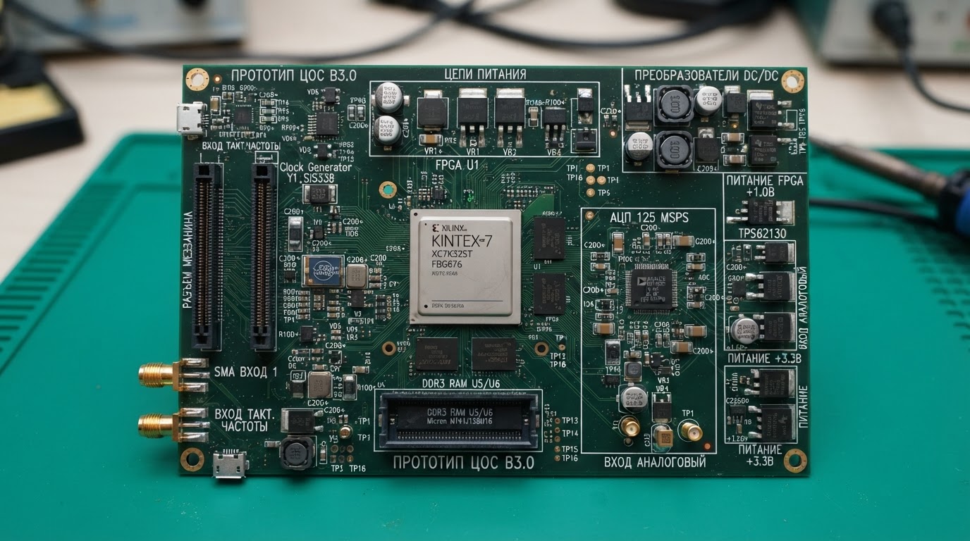 Фотография прототипа платы FPGA-системы обработки сигналов: кристалл FPGA, АЦП, разъёмы интерфейсов, силовые цепи, вид сверху