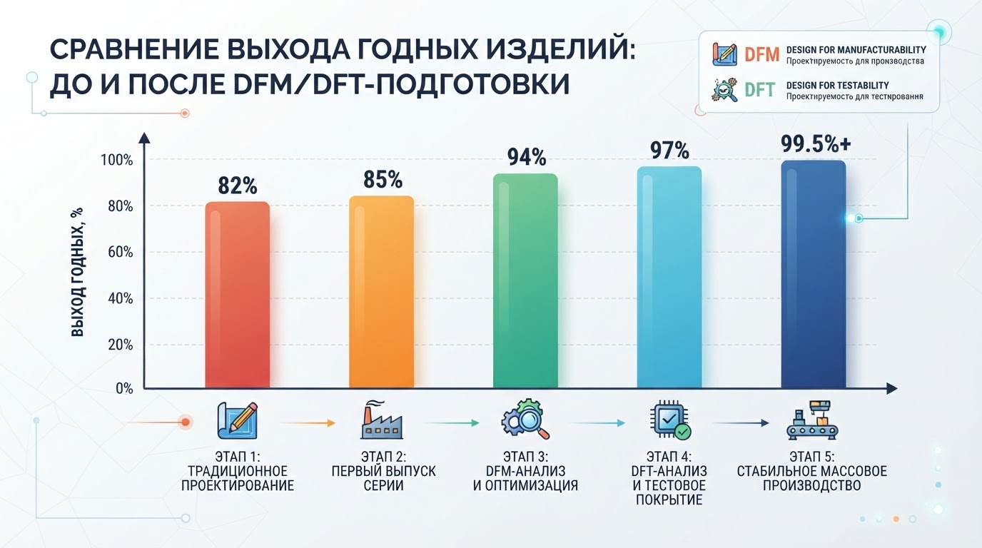 График сравнения выхода годных изделий: до DFM/DFT-подготовки и после — столбчатая диаграмма с подписями процентов и этапов внедрения
