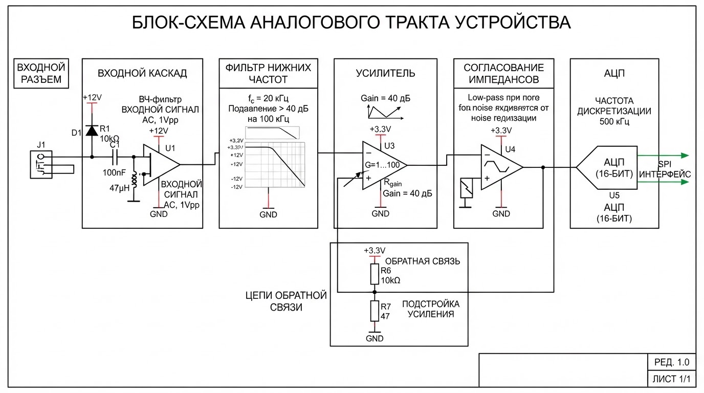 Блок-схема аналогового тракта устройства: входной каскад, фильтр, усилитель, АЦП, цепи обратной связи и согласования импедансов, вид слева направо с обозначением сигналов