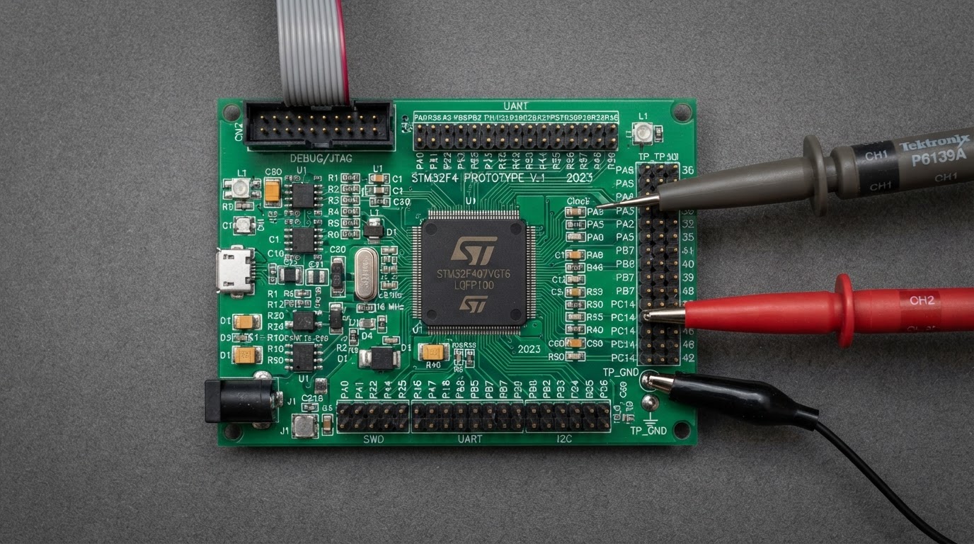 Фотография прототипа платы с микроконтроллером STM32: вид сверху, разъёмы отладки, измерительные щупы осциллографа, элементы обвязки