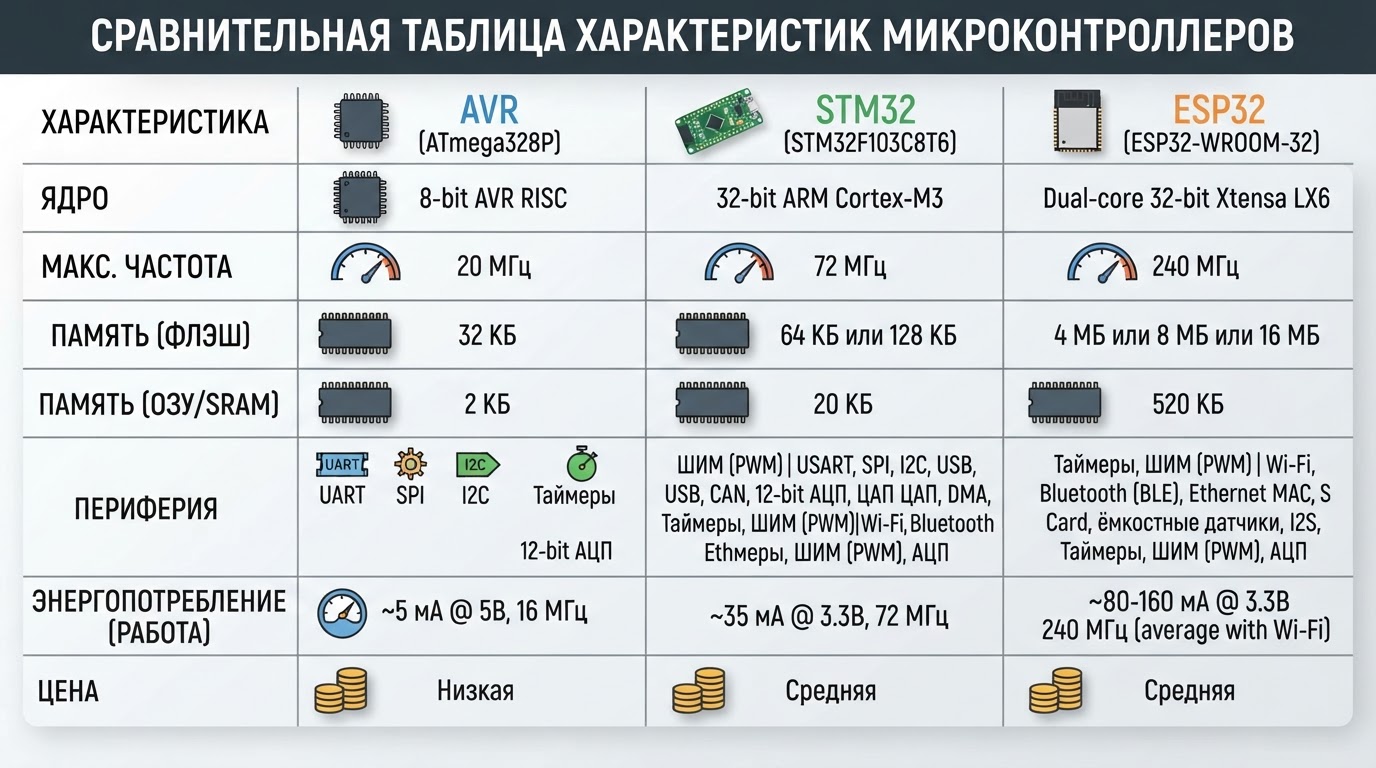 Сравнительная таблица характеристик микроконтроллеров AVR, STM32 и ESP32: частота, память, периферия, энергопотребление, цена — инфографика