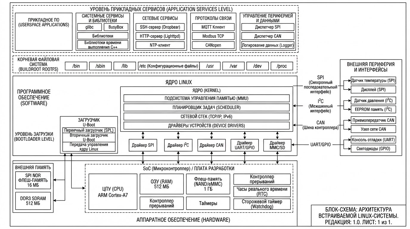 Блок-схема архитектуры встраиваемой Linux-системы: загрузчик U-Boot, ядро Linux, корневая файловая система Buildroot, прикладные сервисы, периферия SPI/I²C/CAN, вид сверху