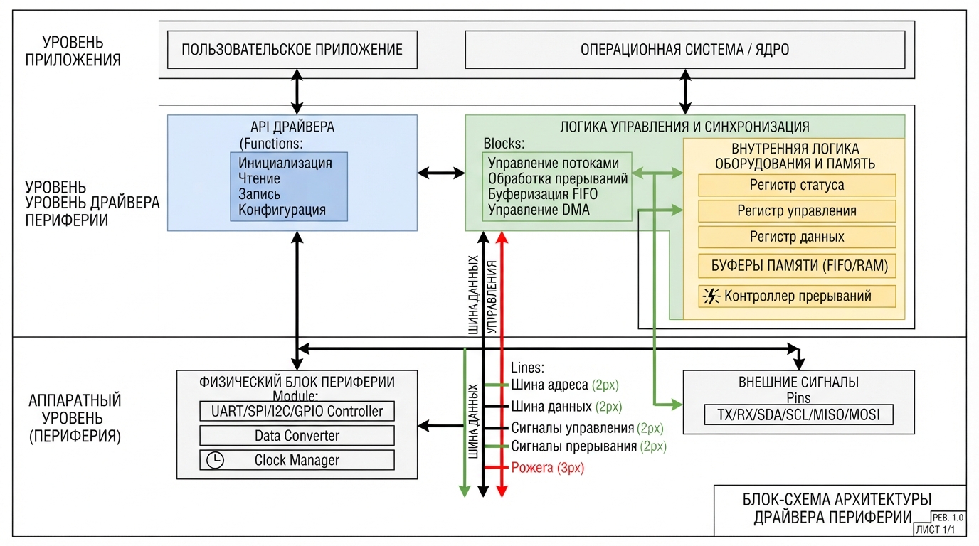 Блок-схема архитектуры драйвера периферии: уровни API, логика управления, аппаратные регистры, шина данных, вид сверху с цветовым кодированием