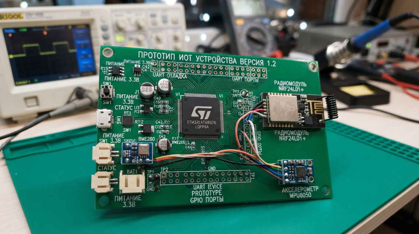 Фотография рабочего прототипа IoT-платы на столе инженера: микроконтроллер STM32, радиочастотный модуль, подключённые датчики, осциллограф на фоне