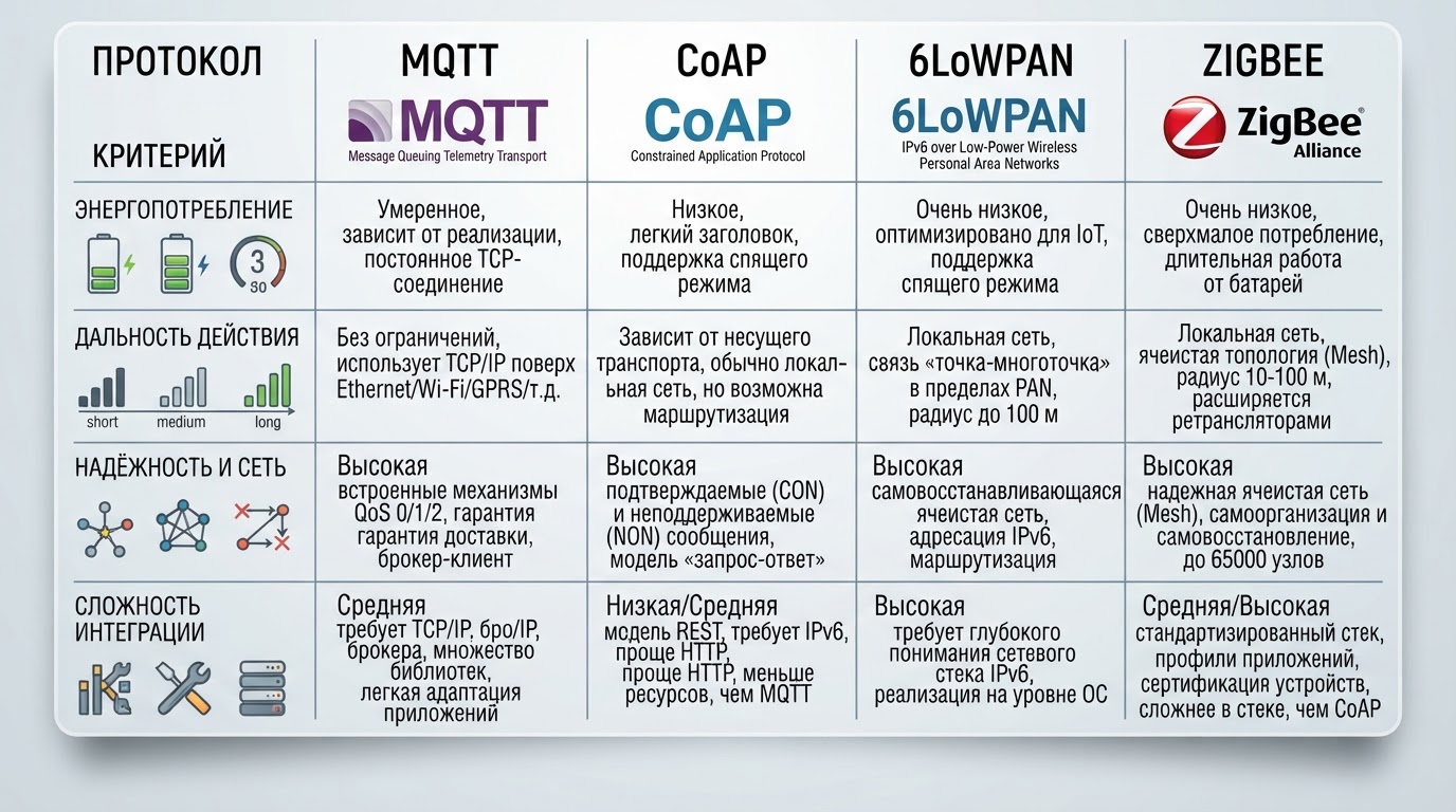 Сравнительная таблица в виде инфографики: MQTT против CoAP против 6LoWPAN против ZigBee по критериям энергопотребления, дальности, надёжности и сложности интеграции