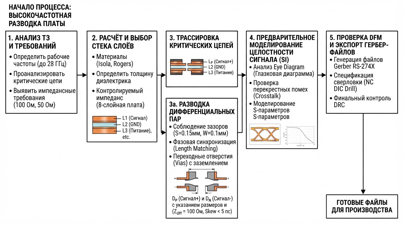 Блок-схема процесса высокочастотной разводки: анализ ТЗ, расчёт стека слоёв, трассировка дифференциальных пар, моделирование целостности сигнала, экспорт Gerber-файлов, вид сверху