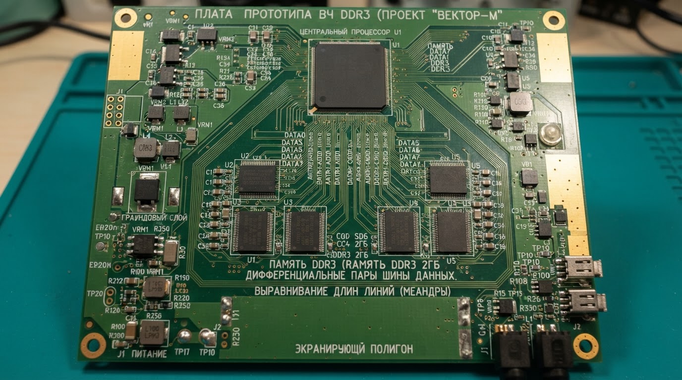 Фотография прототипа высокочастотной платы с DDR3-памятью: дифференциальные пары, выравнивание длин линий, экранирующие плоскости, вид сверху