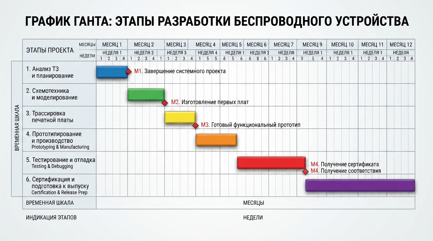 График Ганта этапов разработки беспроводного устройства: анализ ТЗ, схемотехника, трассировка платы, прототипирование, тестирование, сертификация