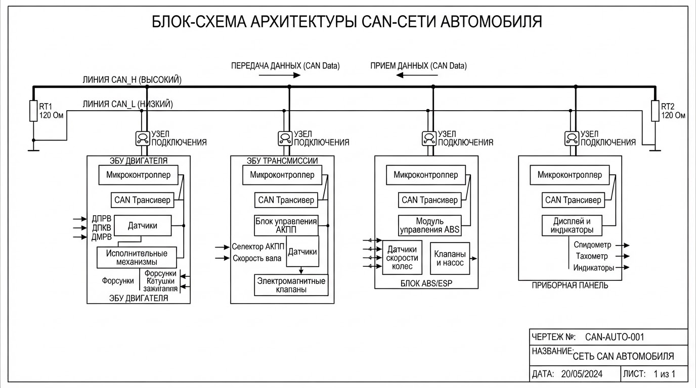 Блок-схема архитектуры CAN-сети автомобиля: электронные блоки управления двигателем, трансмиссией, ABS и приборной панелью, соединённые двумя дифференциальными линиями CAN_H и CAN_L, с указанием терминальных резисторов на концах шины