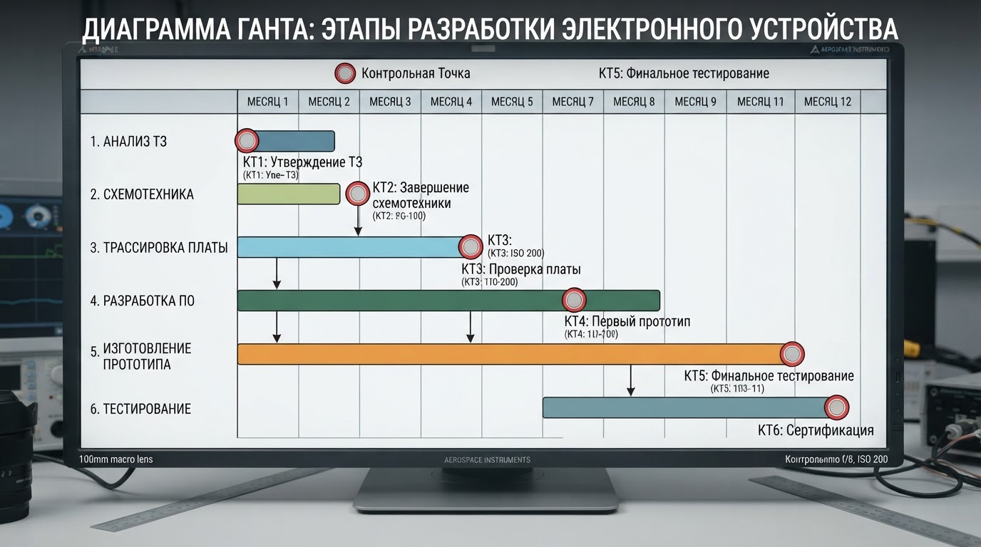 Диаграмма Ганта этапов разработки электронного устройства: анализ ТЗ, схемотехника, трассировка платы, разработка ПО, изготовление прототипа, тестирование — с параллельными дорожками и контрольными точками