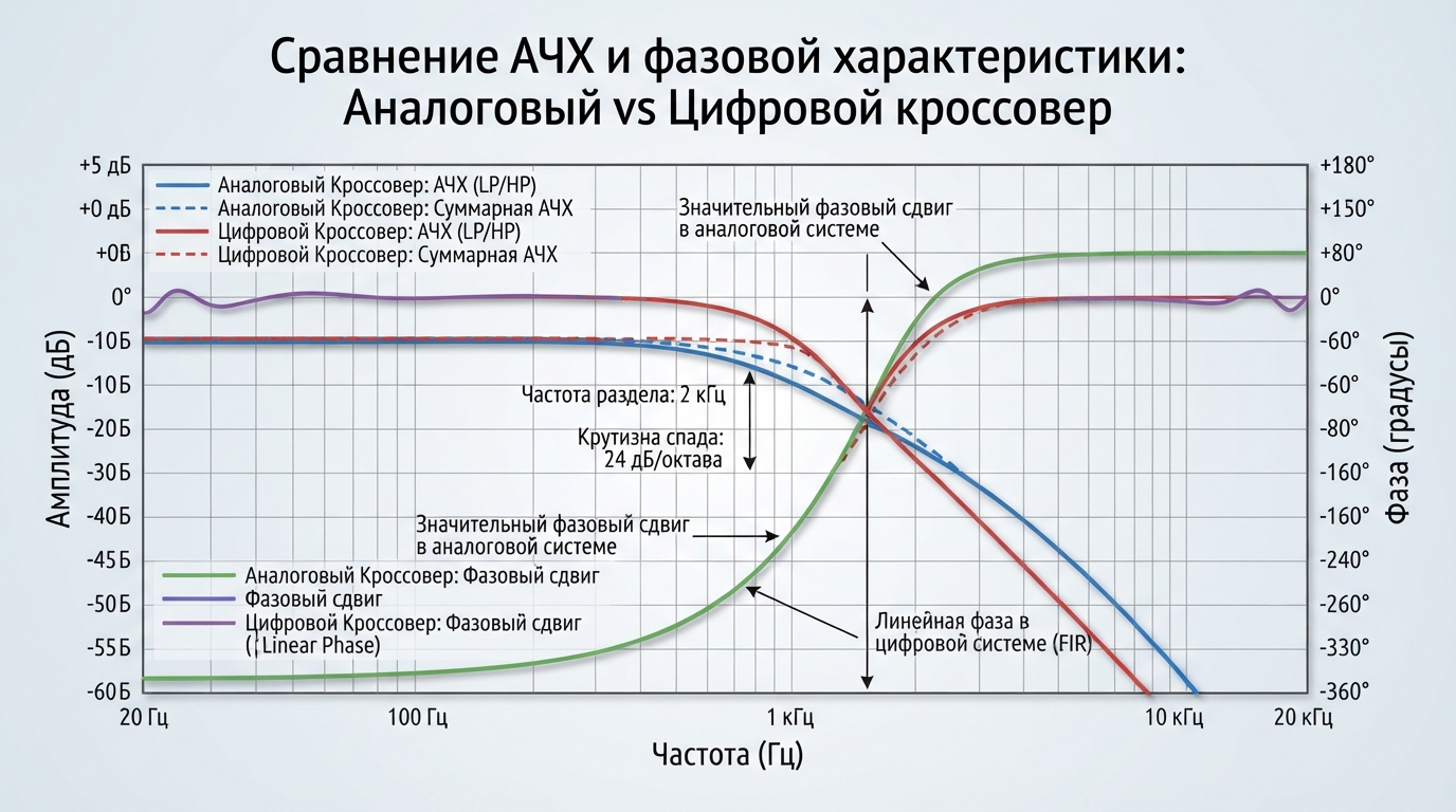 График сравнения АЧХ аналогового и цифрового кроссовера: наложение кривых, визуализация фазовых искажений, диапазон 20 Гц – 20 кГц