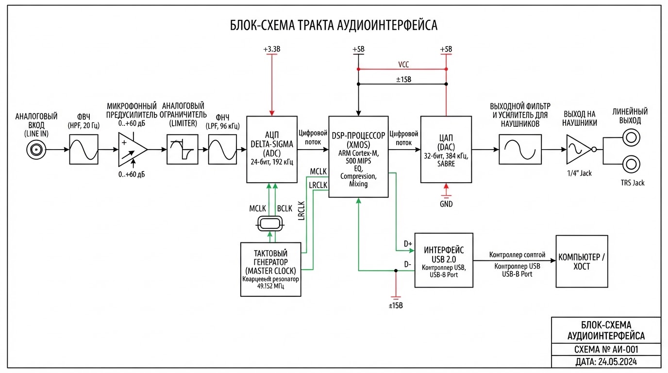 Блок-схема тракта аудиоинтерфейса: аналоговый вход, АЦП Delta-Sigma, DSP-процессор, ЦАП, выходной фильтр, интерфейс USB, тактовый генератор, вид слева направо