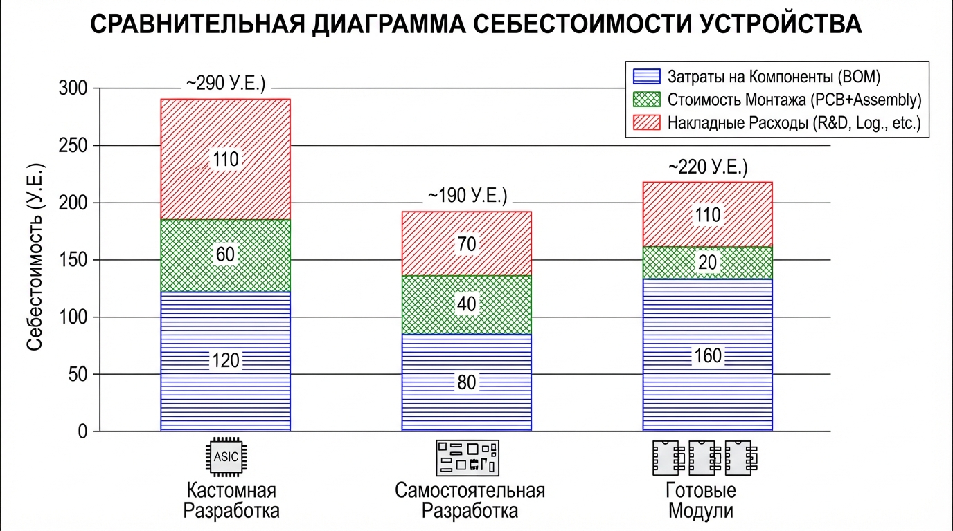 Сравнительная диаграмма себестоимости устройства при трёх подходах: кастомная разработка, самостоятельная разработка, готовые модули — столбчатый график с разбивкой по компонентам, монтажу и накладным расходам