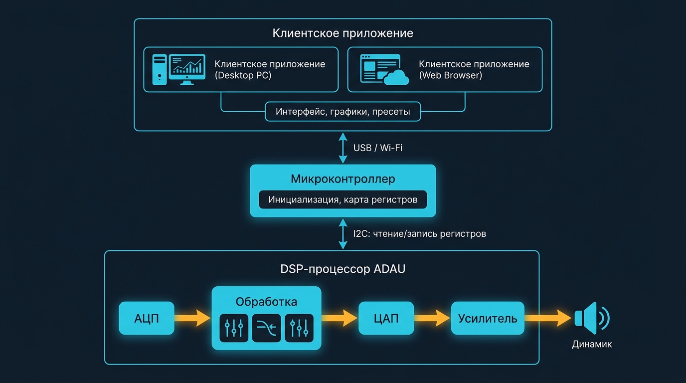 Блок-схема архитектуры программного комплекса для DSP: клиентское приложение, микроконтроллер, сигнальный процессор и аудиотракт с АЦП и ЦАП