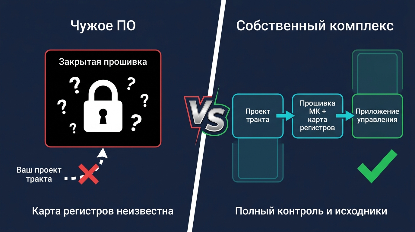 Диаграмма сравнения: закрытая прошивка производителя как чёрный ящик и открытый собственный программный комплекс для DSP