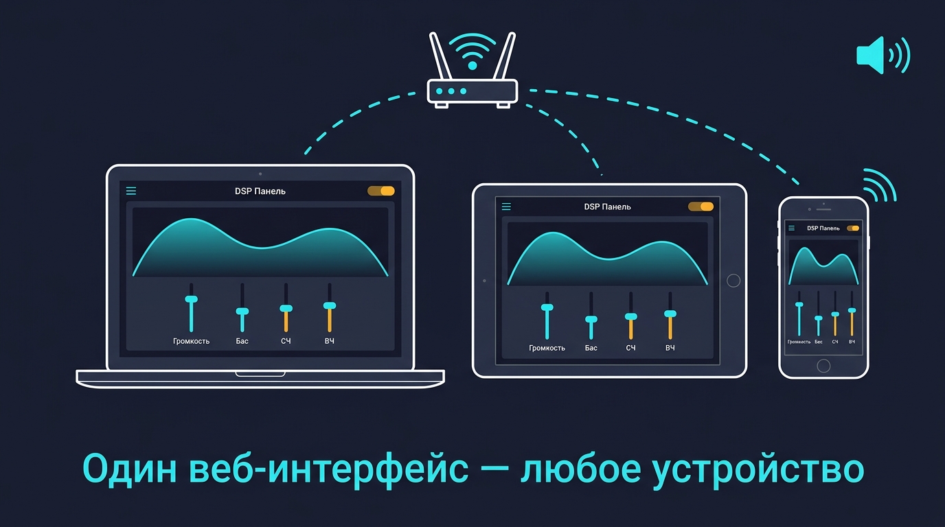 Веб-интерфейс управления DSP-процессором, открытый одновременно на ноутбуке, планшете и смартфоне по Wi-Fi